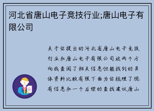 河北省唐山电子竞技行业;唐山电子有限公司